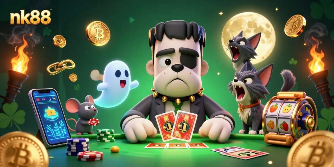 Experience nk88 with cartoon characters in a lively casino setting, highlighting crypto elements.