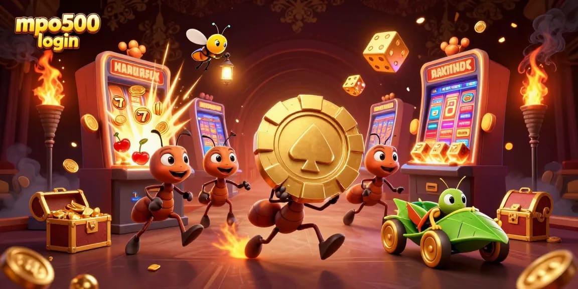 Experience the excitement of mpo500 login with a vibrant heist scene featuring ants and casino elements.