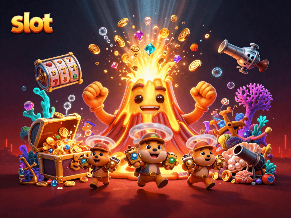 Permainan slot dengan gulungan slot, simbol keberuntungan dan banyak koin bertebaran di sekitar