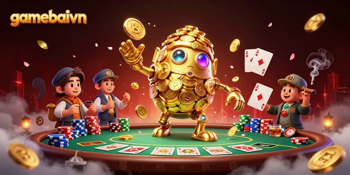 Engage in thrilling poker action with gamebaivn's impressive 3D scene featuring a golden golem.