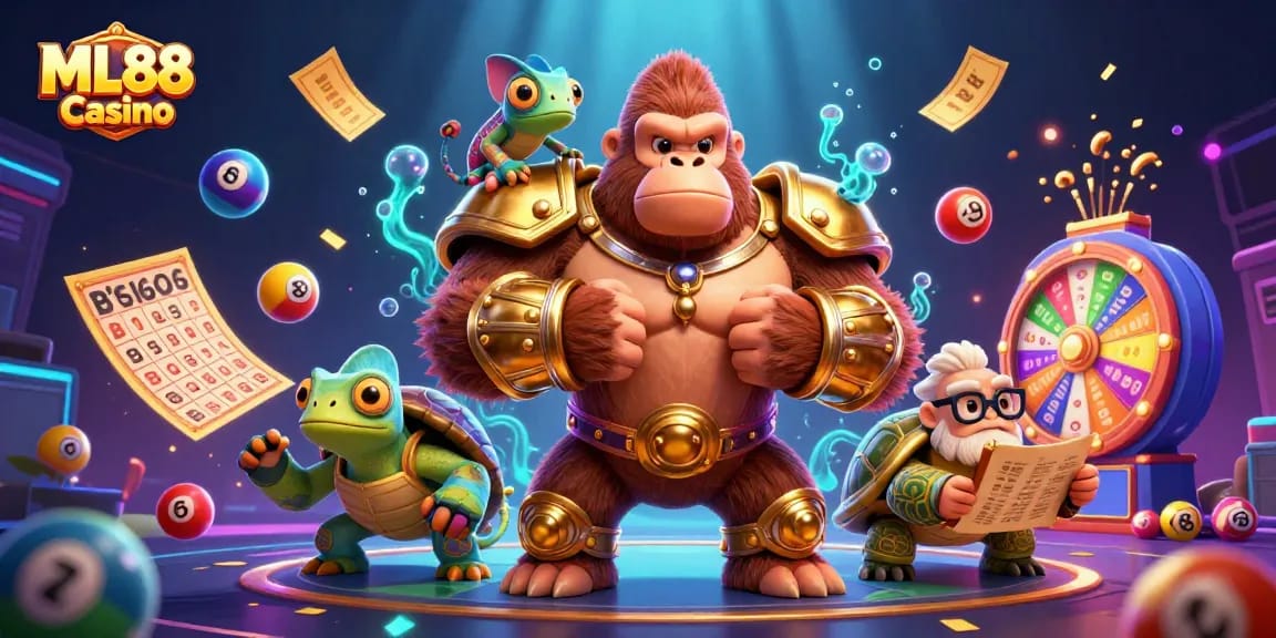 Experience vibrant gameplay at ML88 Casino with colorful lottery elements and unique characters in a dynamic scene.