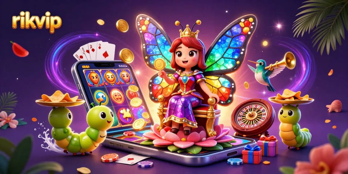 Experience vibrant gaming excitement with rikvip's 3D butterfly queen and dynamic casino elements.