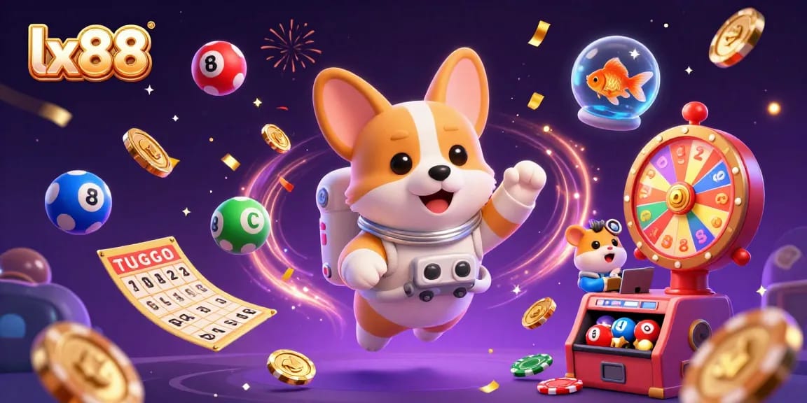lx88 showcases an astronaut corgi in a space casino amidst drifting gold coins and lottery balls.