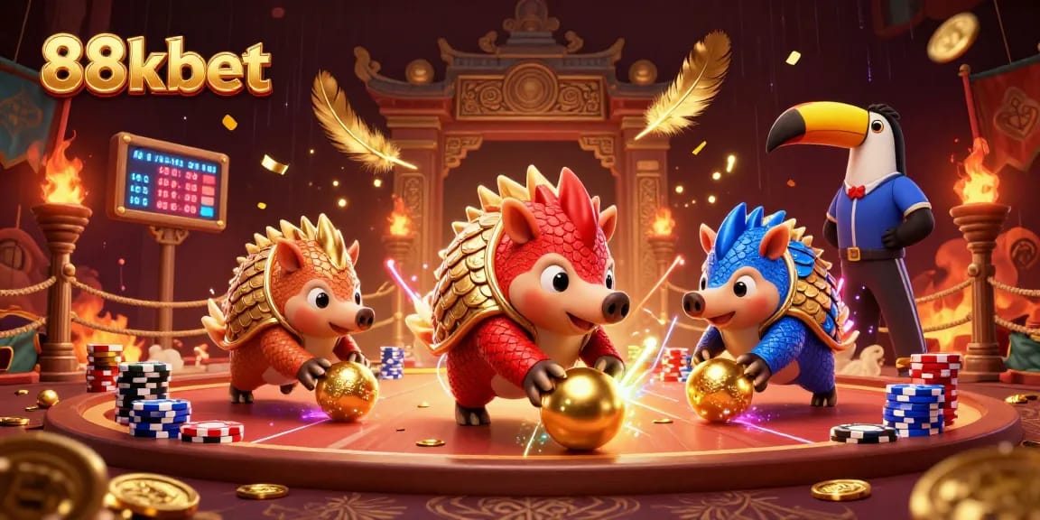 88kbet pangolins compete in a dynamic casino-themed battle with vibrant elements and rich textures.
