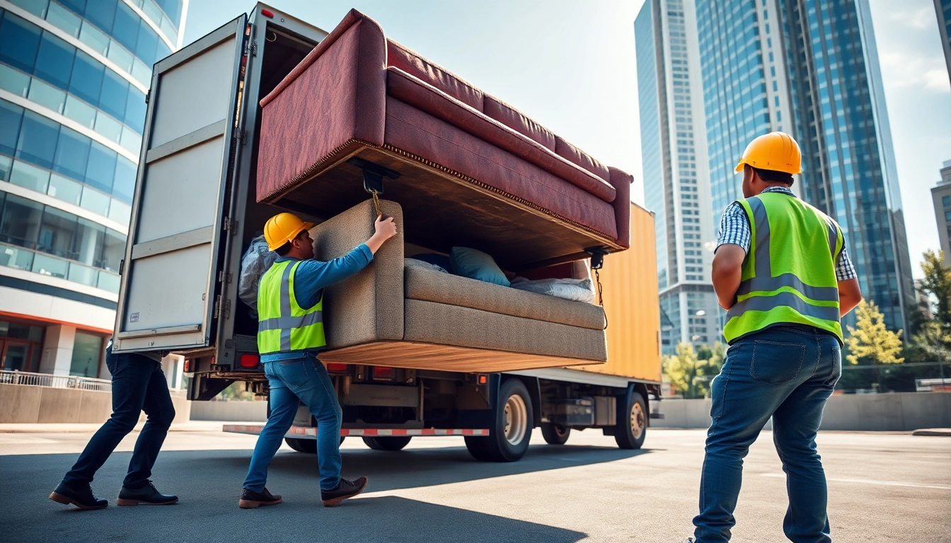 Hauling team loading a truck with large items, showcasing efficiency and teamwork.