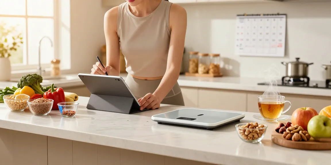 A person using a tablet to log meals in a bright kitchen, representing the best food tracking app for healthy meal planning.