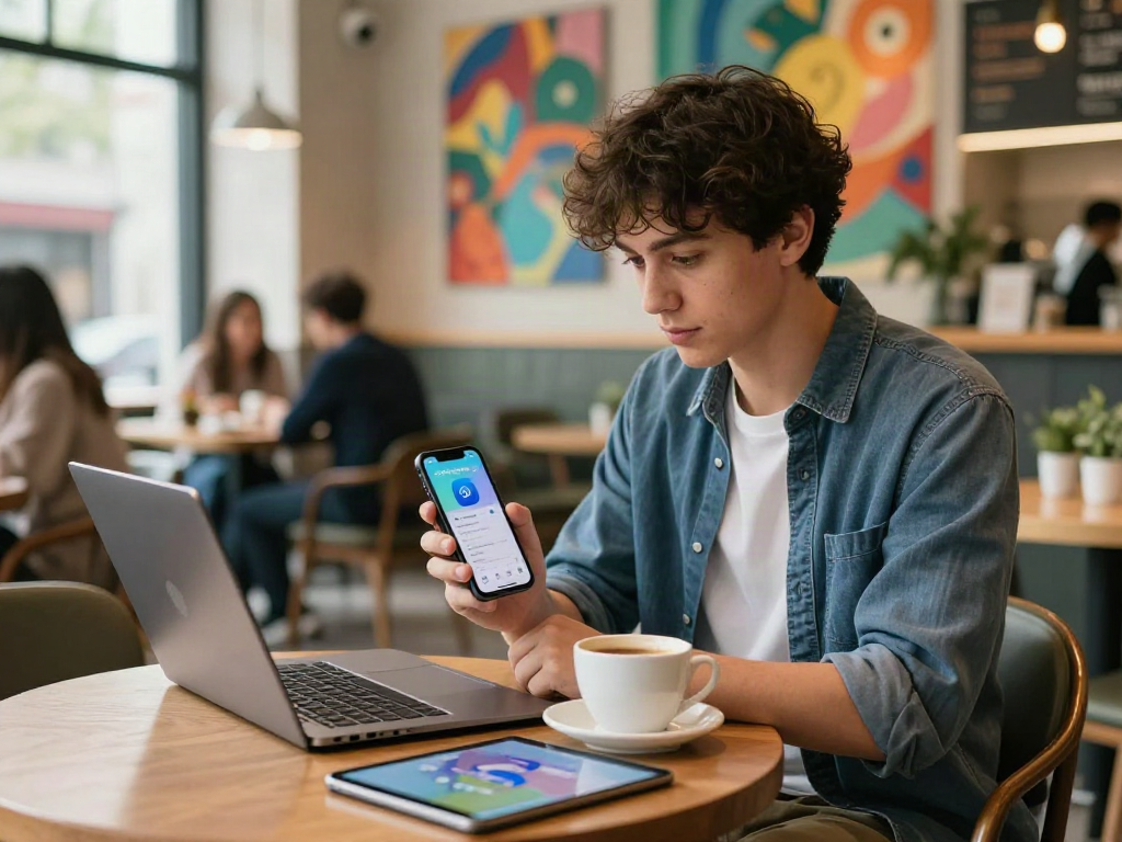Download Pikashow Apk displayed on smartphone in a busy café setting