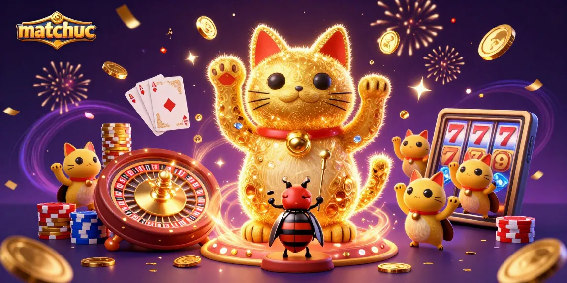 Experience winning strategies with matchuoc's captivating lucky cat illustration amid casino excitement.