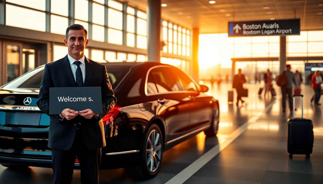 Efficient Boston Logan airport car service highlighted by a professional driver greeting passengers at the airport.