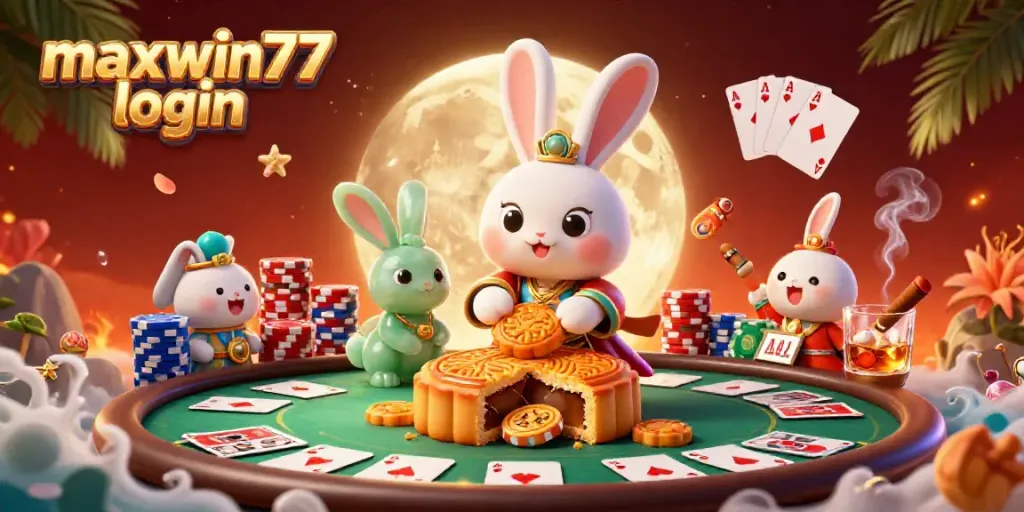 Engage in maxwin77 login with the moon rabbit featuring poker chips, royal flush, and a golden palace backdrop.