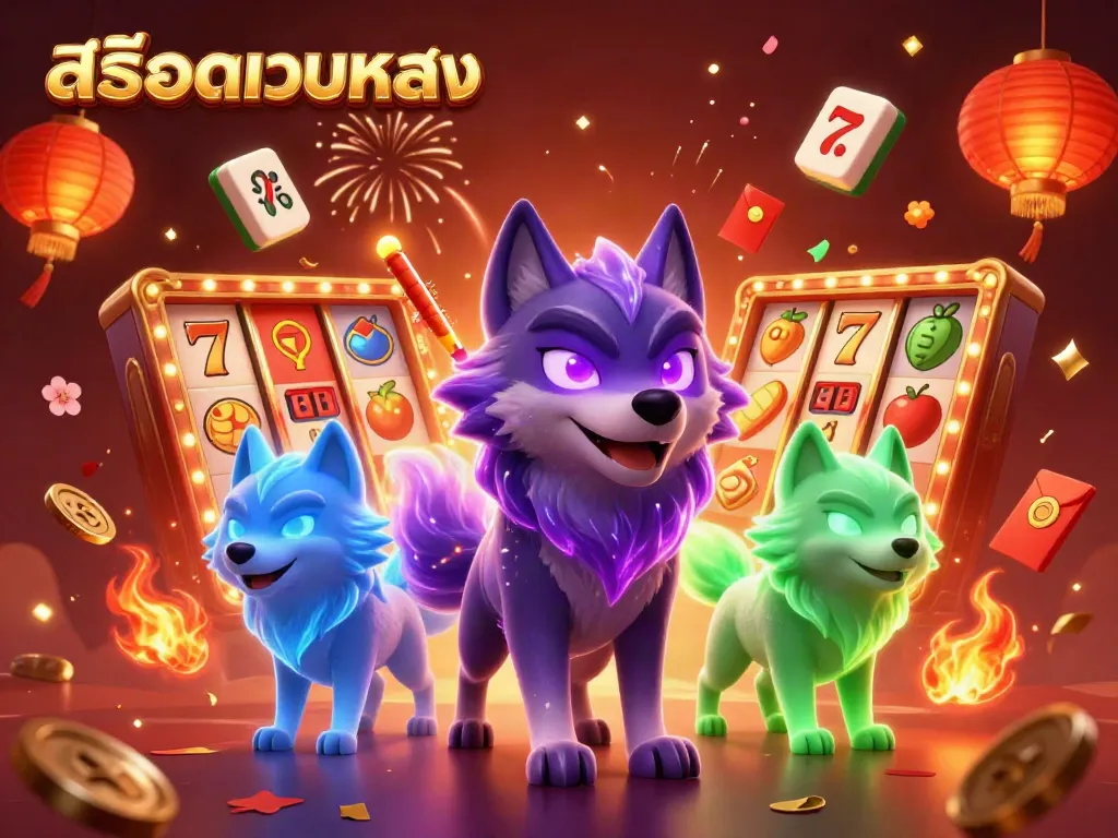Engage with สล็อตเว็บตรง through dynamic 3D slot reels and ghostly wolves in a vibrant casino scene.