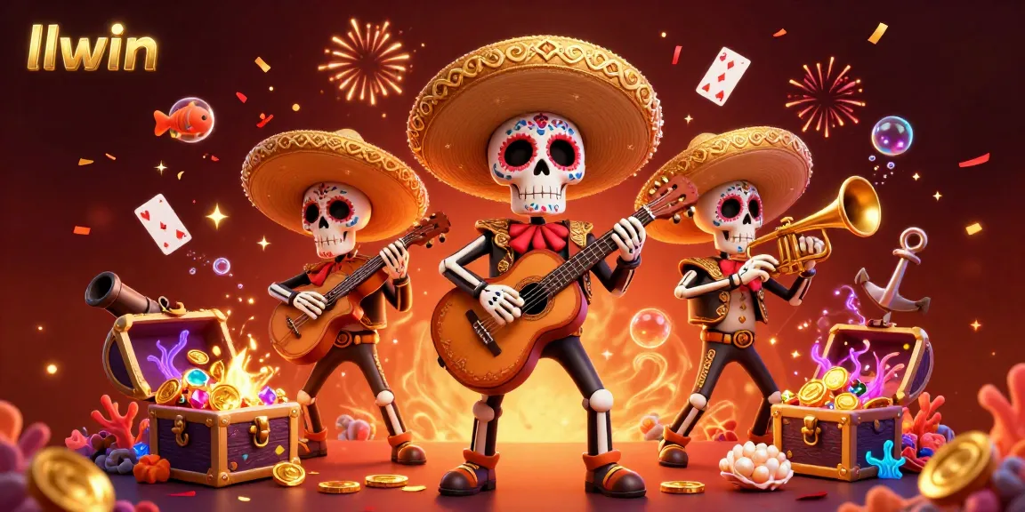 Experience thrilling gaming at llwin with vibrant 3D illustration showcasing a mariachi band and underwater treasures.