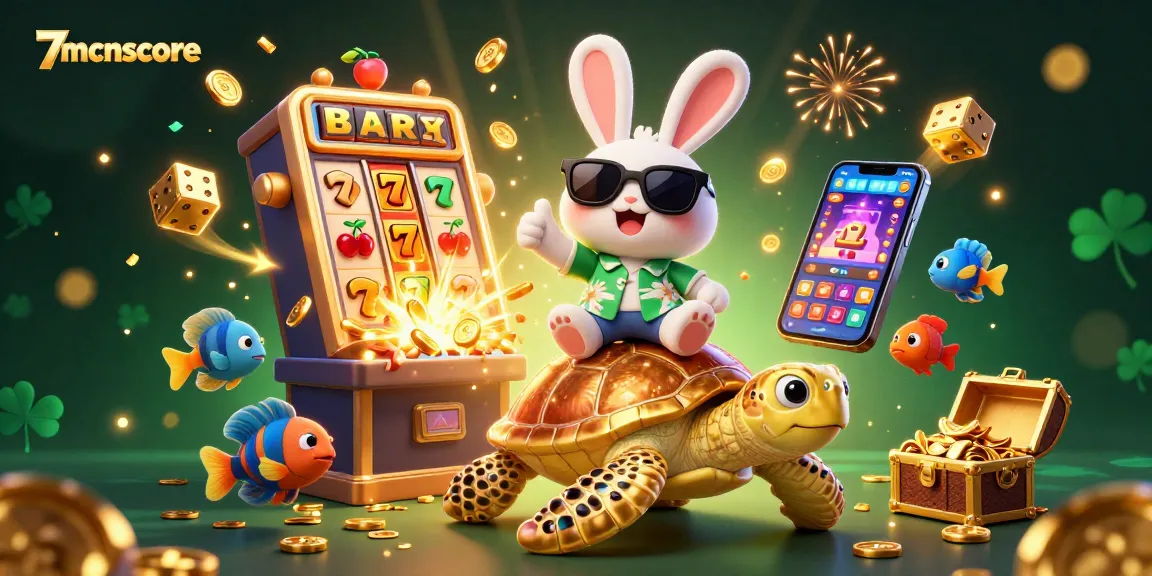 Experience the excitement of 7mcnscore with a lucky rabbit and turtle in a vibrant casino scene!