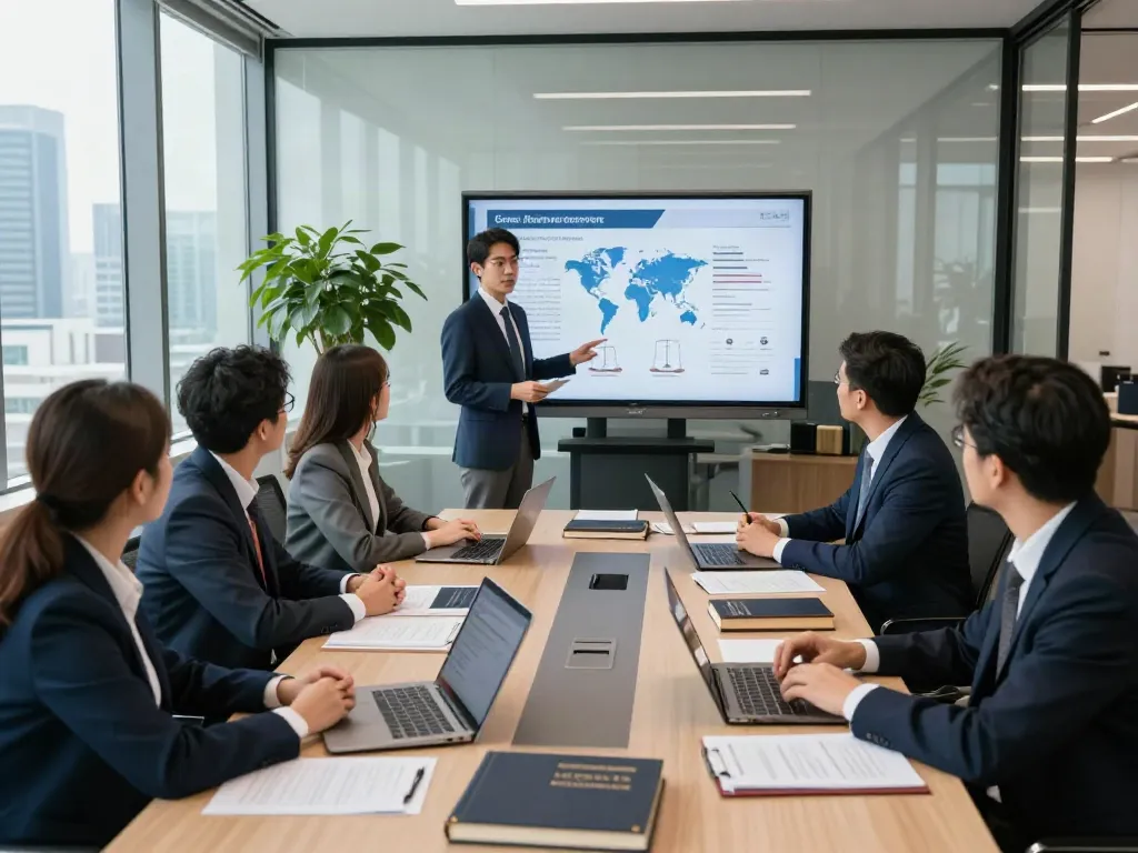 Team from Lead Roedl discussing international legal strategies in a modern office.