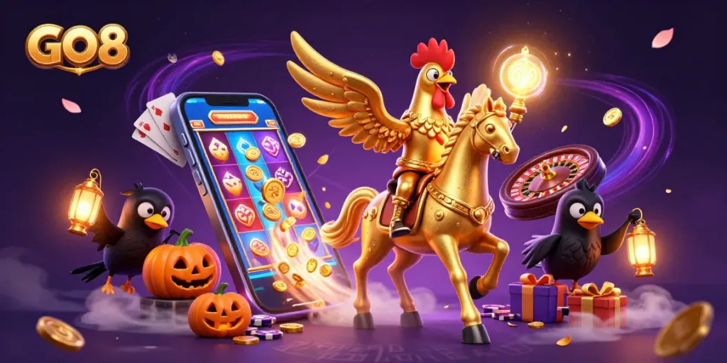 Win big with GO8 in this vibrant, ultra-detailed casino adventure featuring golden characters and dynamic game elements.
