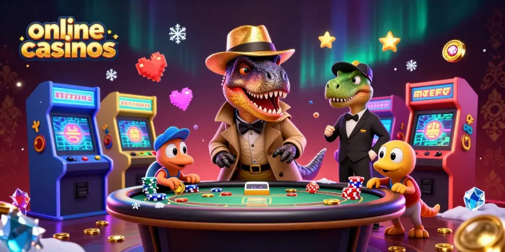 Engage with thrilling online casinos through a dynamic 3D scene featuring a velociraptor at a blackjack table.