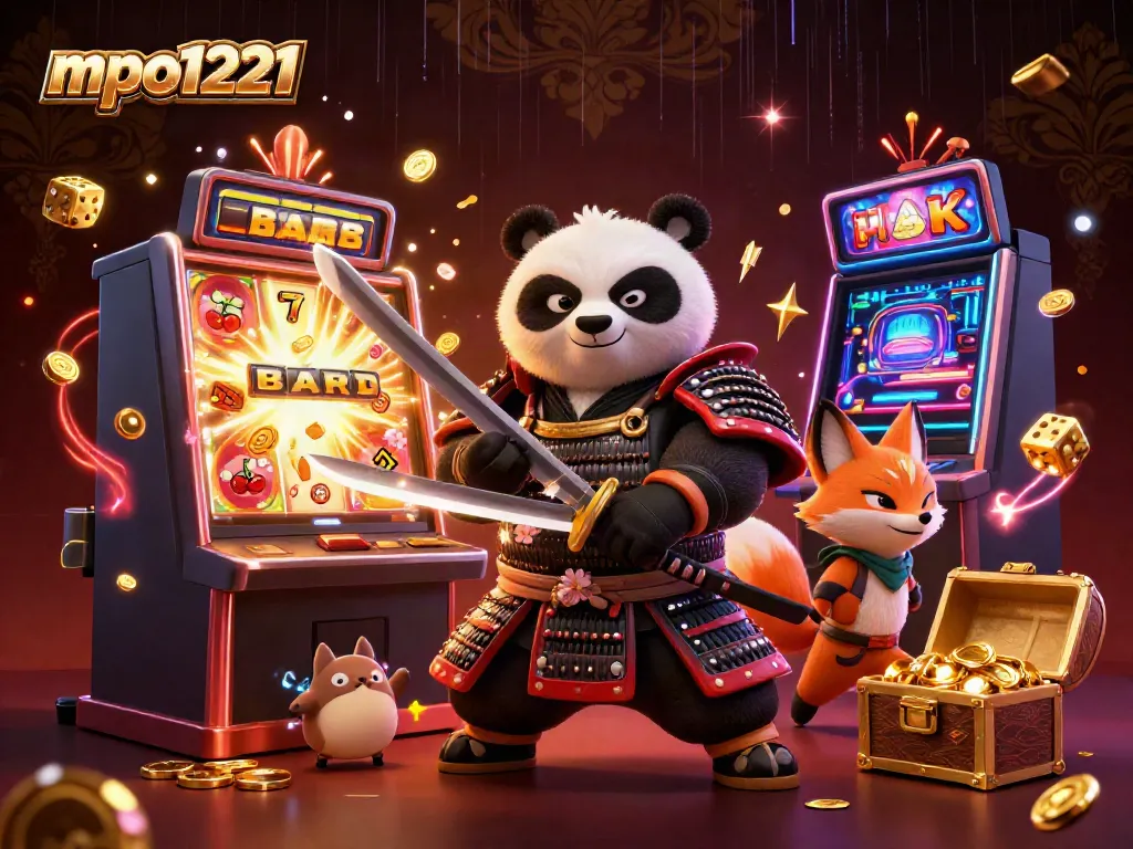 Experience the excitement of mpo1221 with a vibrant slot machine explosion and dynamic characters.