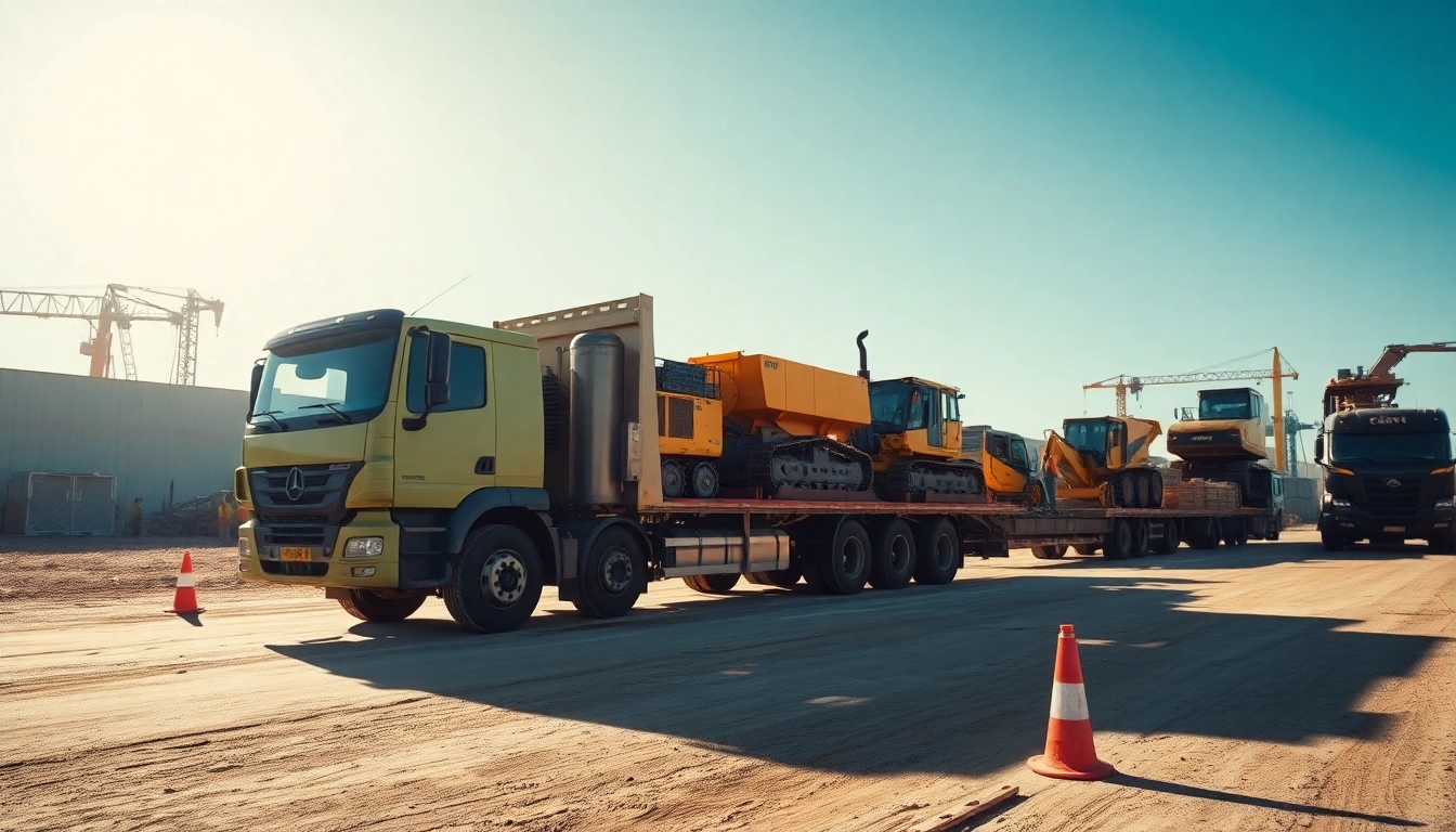 Efficient equipment transport truck moving heavy machinery on a construction site.