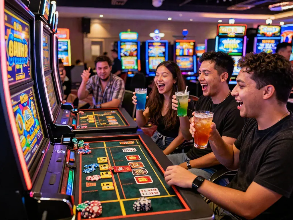 Friends celebrating at a casino table playing slot gacor with drinks and lively expressions.