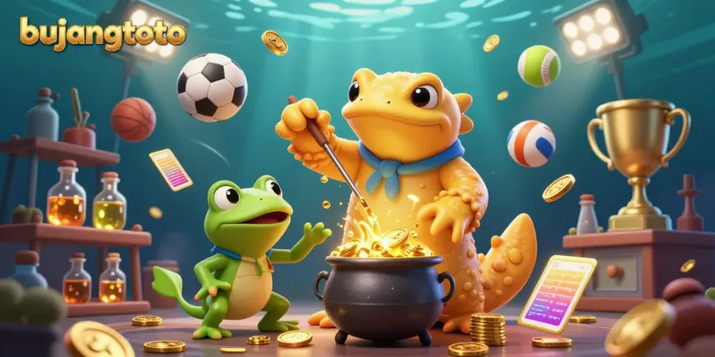 bujangtoto showcases thrilling gambling action with a golden salamander and sports elements in vibrant 3D.
