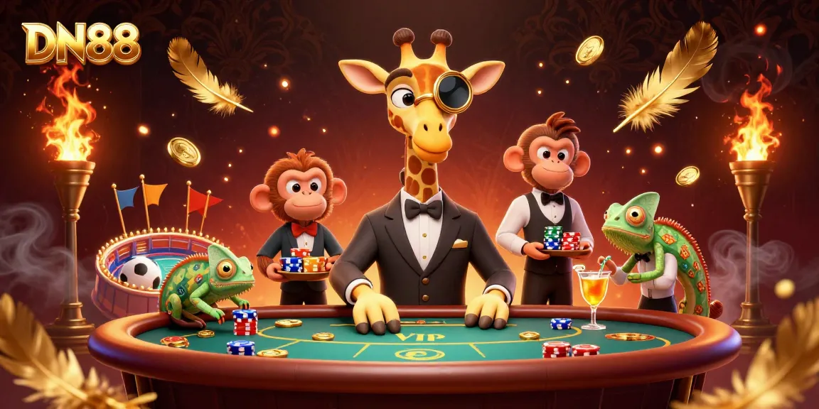 Betting at DN88 with a high-roller giraffe at a poker table, a monkey valet with chips, and a chameleon bartender.