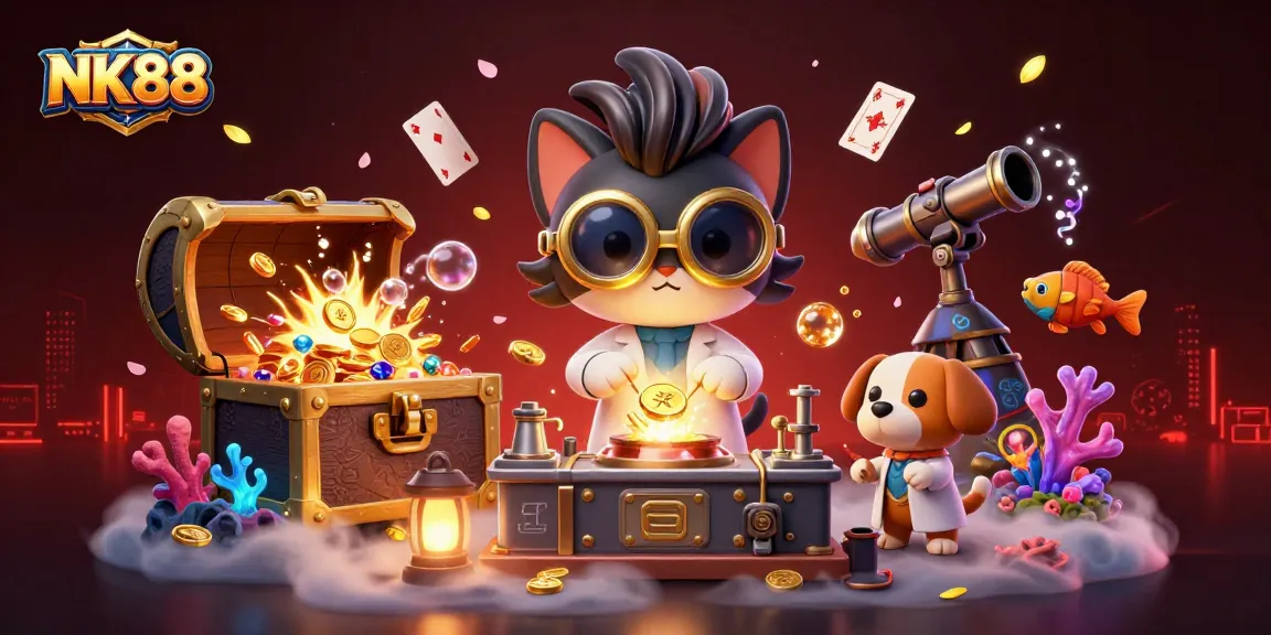 Spin to win with NK88 as the scientist cat creates a gold-coin-replication machine amidst treasure and floating cards.