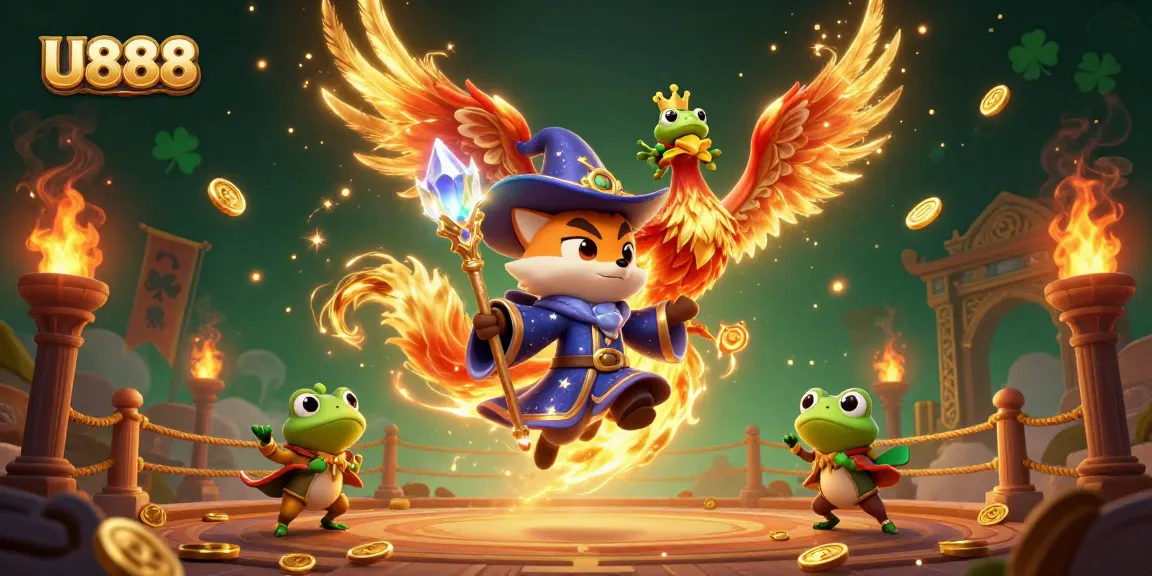 Engage with U888's thrilling gaming offerings, highlighted by a mystical wizard fox and vibrant phoenix.