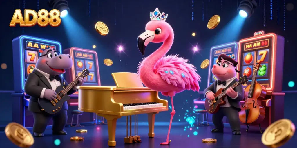 Experience the thrill of gaming with AD88's vibrant casino scene featuring lively characters and iconic slot elements.