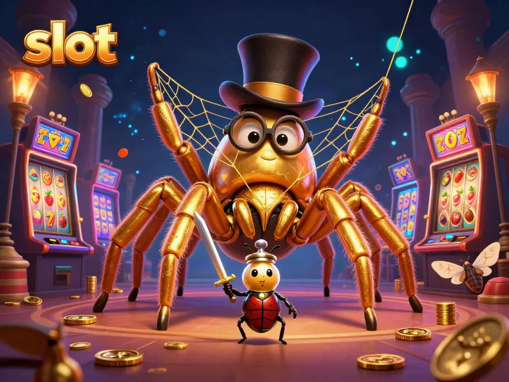 Engage in thrilling slot action with a bold beetle knight facing a golden tarantula in a vibrant casino