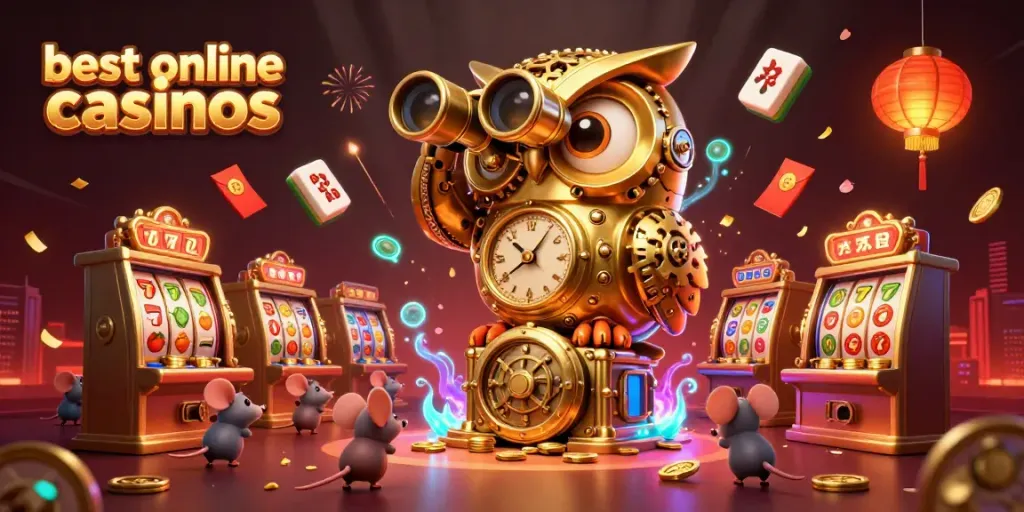 Engage with the best online casinos in a vibrant 3D scene featuring a golden owl and charming mice amidst dynamic slot elements.