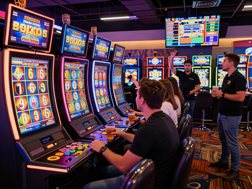 Excited players enjoying situs slot machines with vibrant reels and jackpot displays.