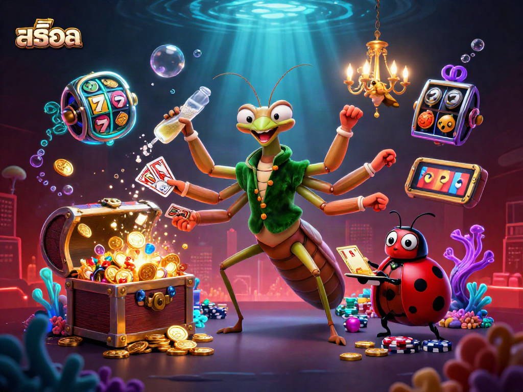 Engage with สล็อต action through an exciting 3D illustration featuring a mantis card sharp dealing and celebrating wins.