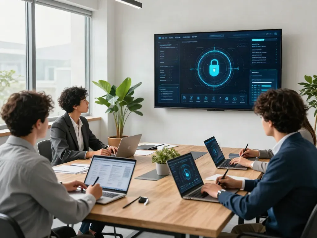 Deepfake-protected meetings in a modern corporate setting with a diverse team discussing technology solutions.