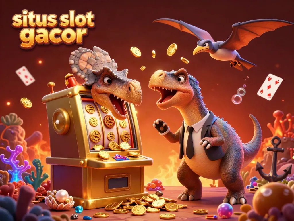 Menangkan jackpot di situs slot gacor dengan t-rex menyenggol mesin slot dalam ilustrasi 3D.