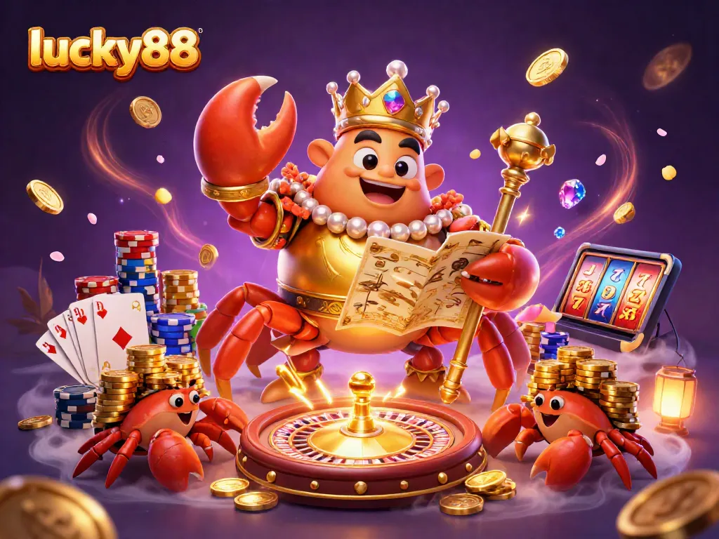 Engage with lucky88’s thrilling casino world featuring a golden crab emperor amidst dazzling games and treasures.