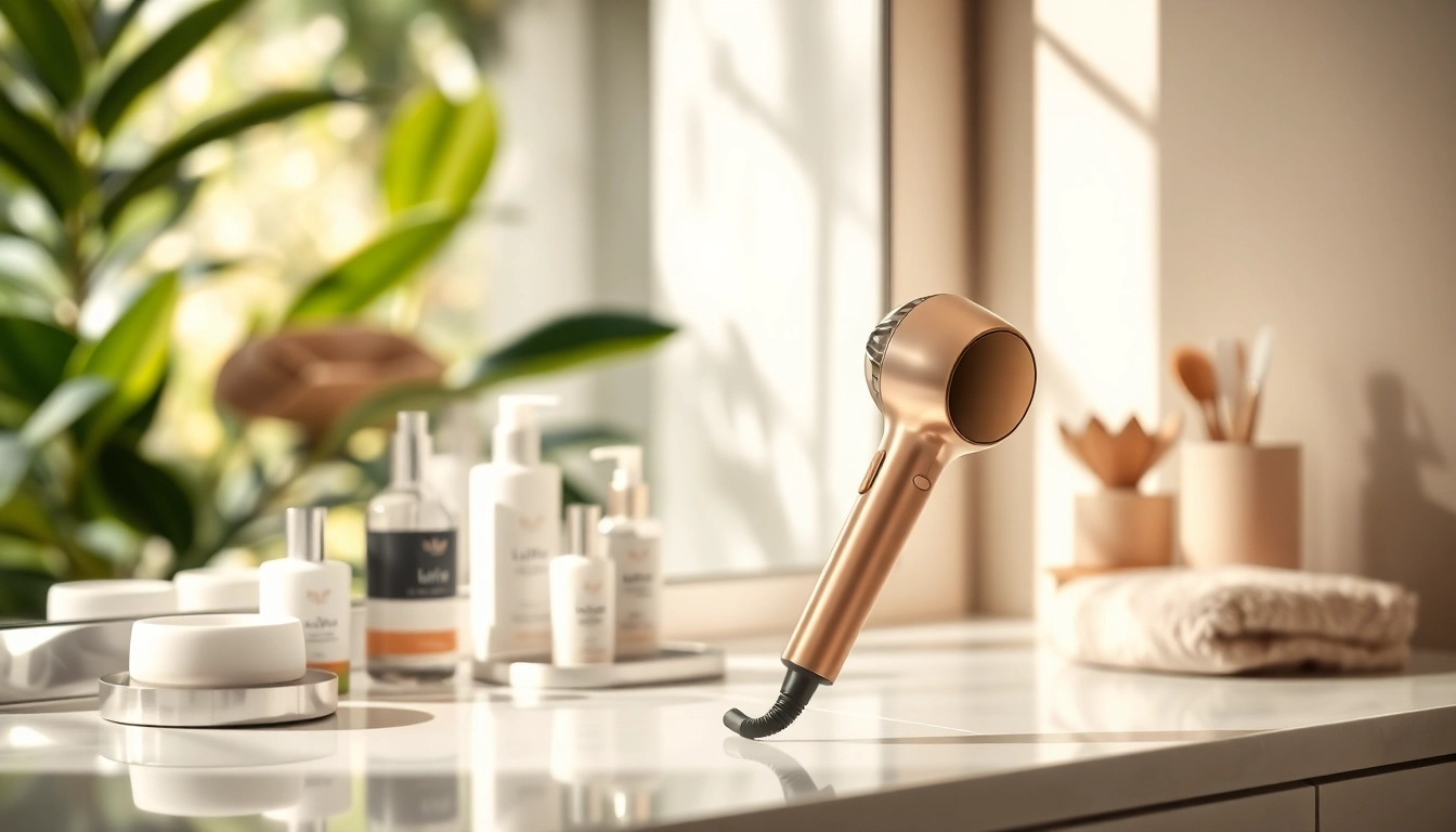 Showcase the Laifen hair dryer on a stylish vanity, highlighting its design and luxury appeal.