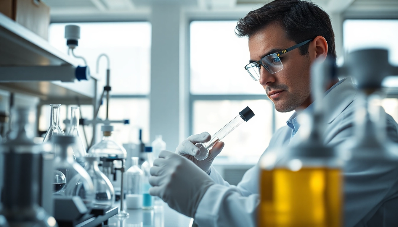 Engaging scientist analyzing peptides sale in a bright lab setting with glassware.