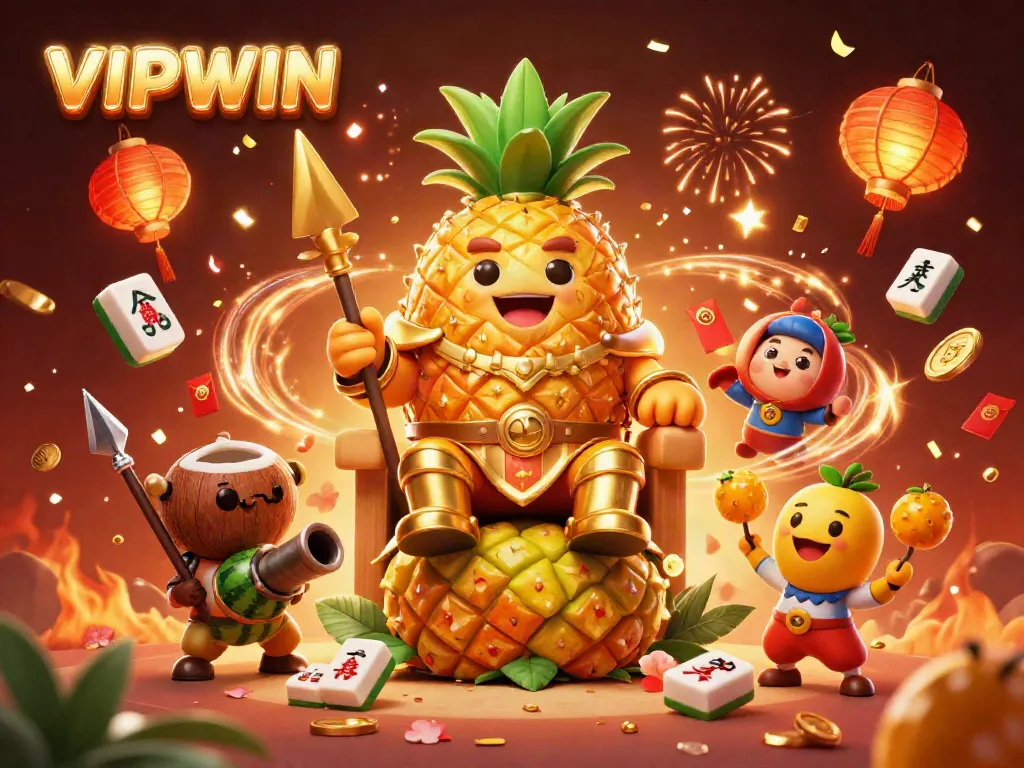 Experience vibrant gaming action with VIPWIN's king, guards, and a jester in a lively beach casino scene.