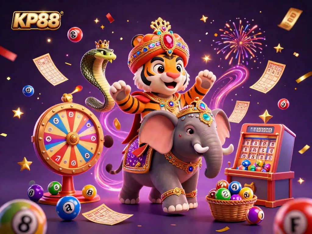 KP88 showcases exciting lottery games with vibrant scenes featuring colorful lottery balls and a jewel-encrusted elephant.