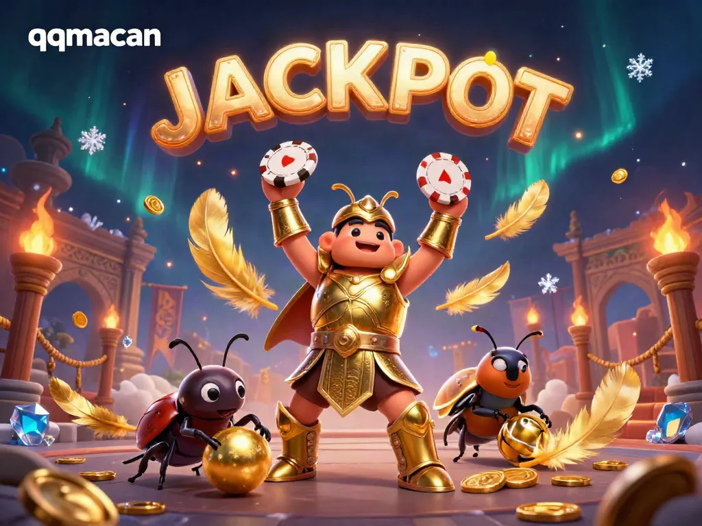 Experience the excitement of qqmacan with cartoon characters celebrating a victory, showcasing poker chips and gold coins in a vibrant casino scene.