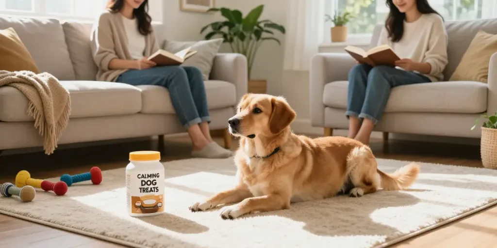 Calming Dog Treats enhance relaxation for dogs in a cozy home environment.
