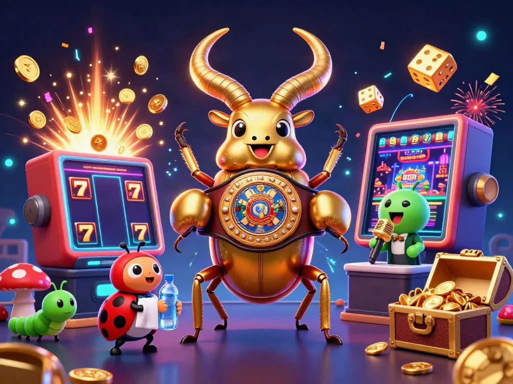 Experience thrilling slot action with a giant golden stag beetle facing off in a vibrant casino scene.