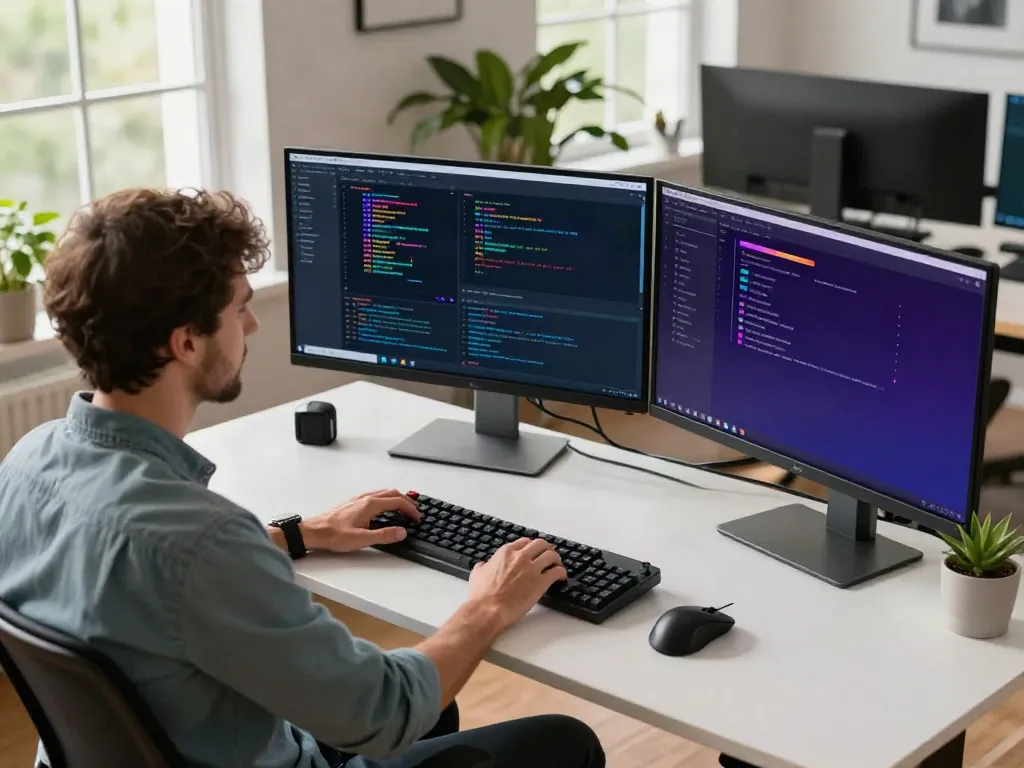 Developer using v2rayN software in a modern tech workspace.