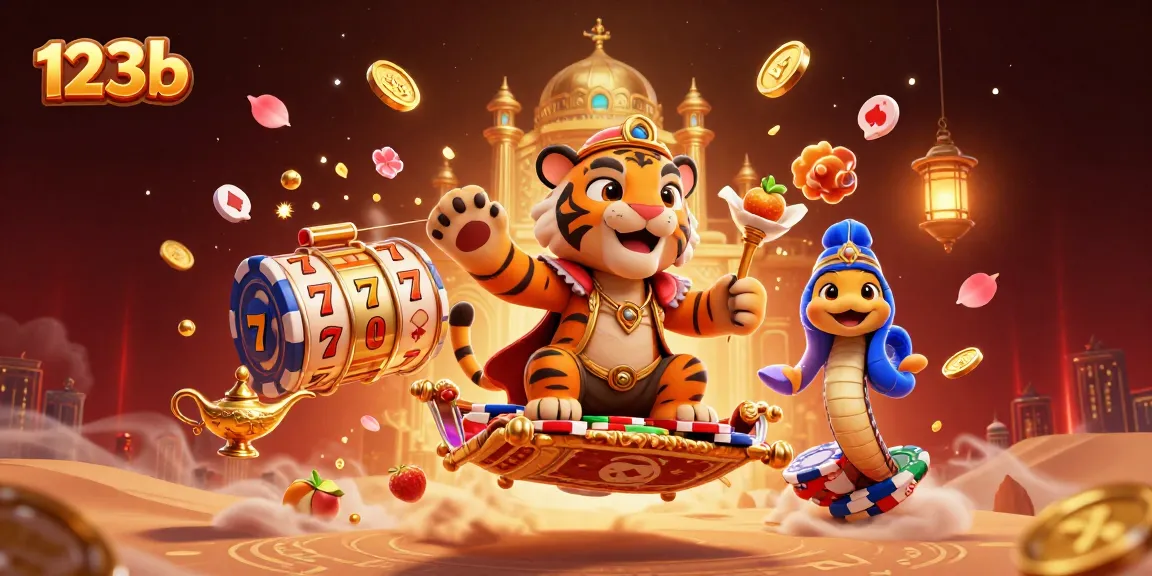Spin the reels and win big at 123b with this vibrant casino scene illustrating luck and excitement.