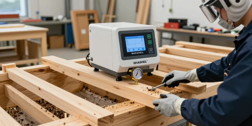 SHASHEL® microwave pest control device treating wooden beams for insect elimination.