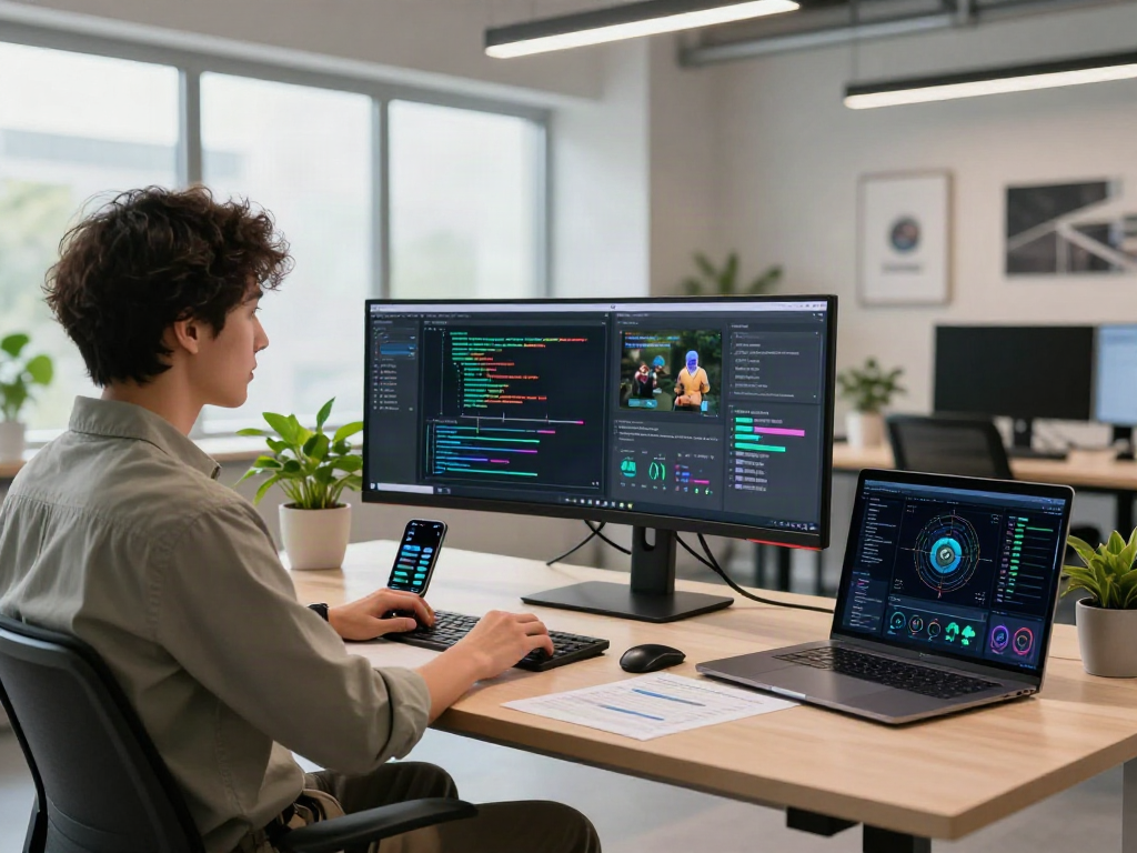 AI Detector in use by a data analyst showcasing image detection metrics in a modern workspace.