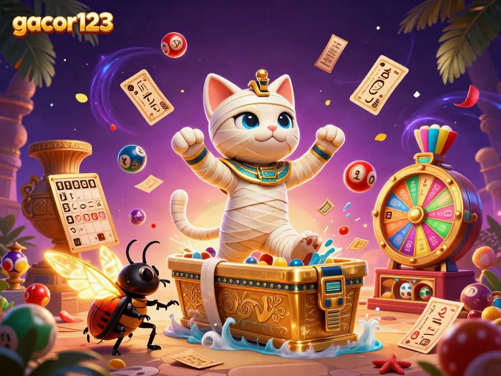 Experience thrilling gambling excitement at gacor123 with a lively casino scene featuring a mummy cat and glowing scarab.