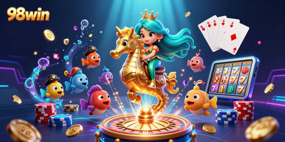 Engage with 98win's vibrant world of casino games featuring a mermaid princess and seahorse.