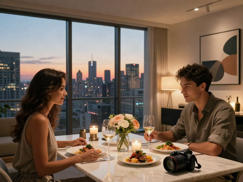 suasana mewah dinner luxury111 di apartemen modern dengan pemandangan kota