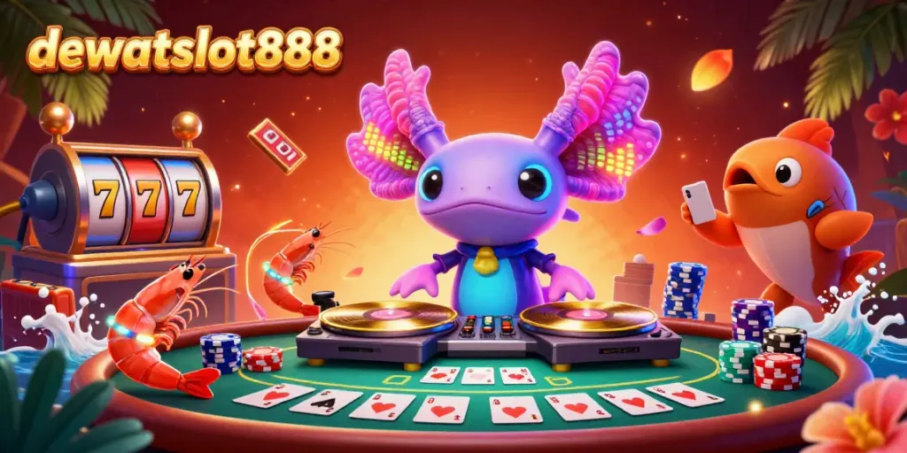 Menggoda permainan slot gacor di dewataslot888 dengan ilustrasi DJ axolotl berwarna neon dan suasana kasino meriah.